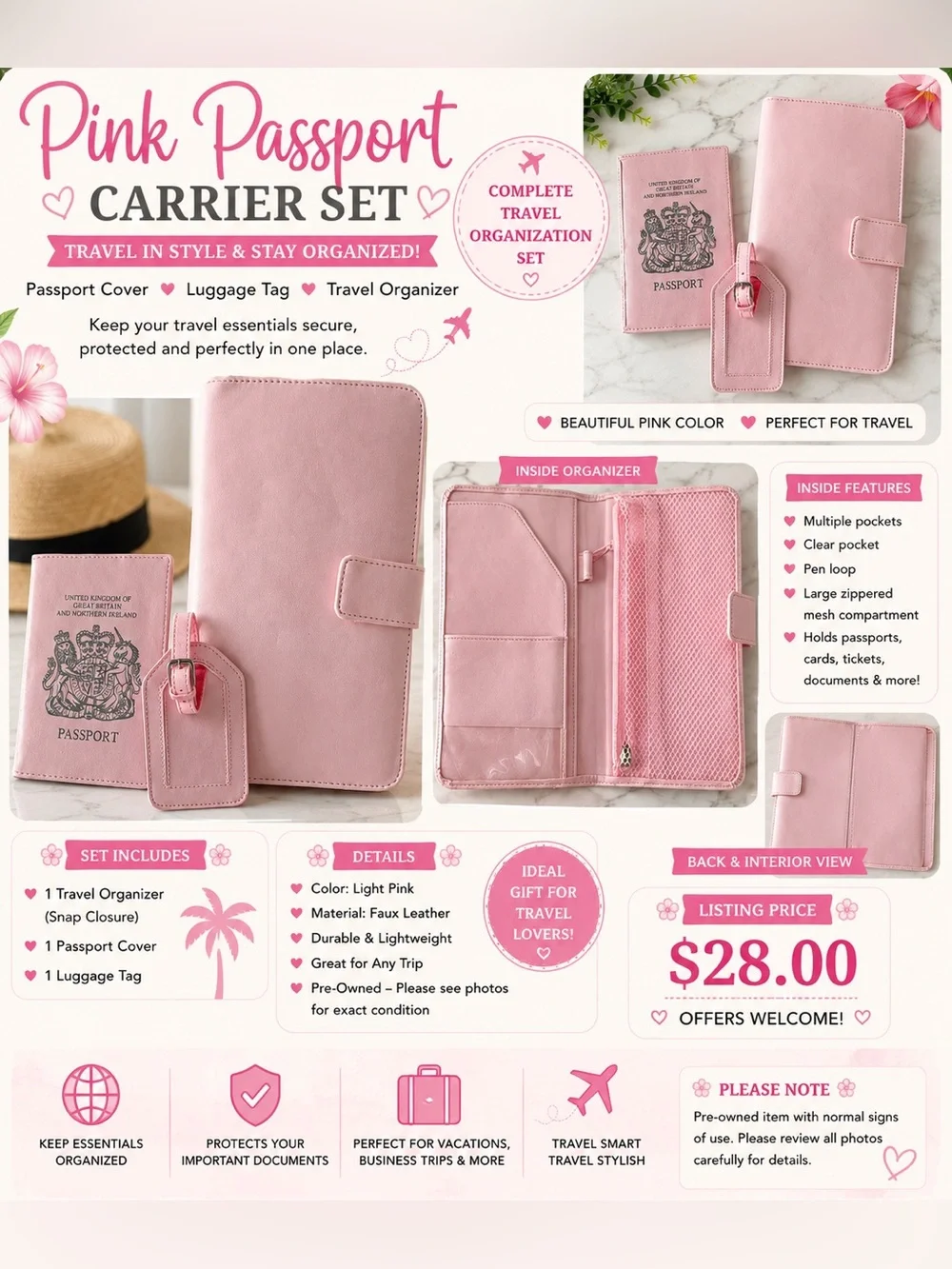 Passport Carrier Set — Pink Travel Organizer Set